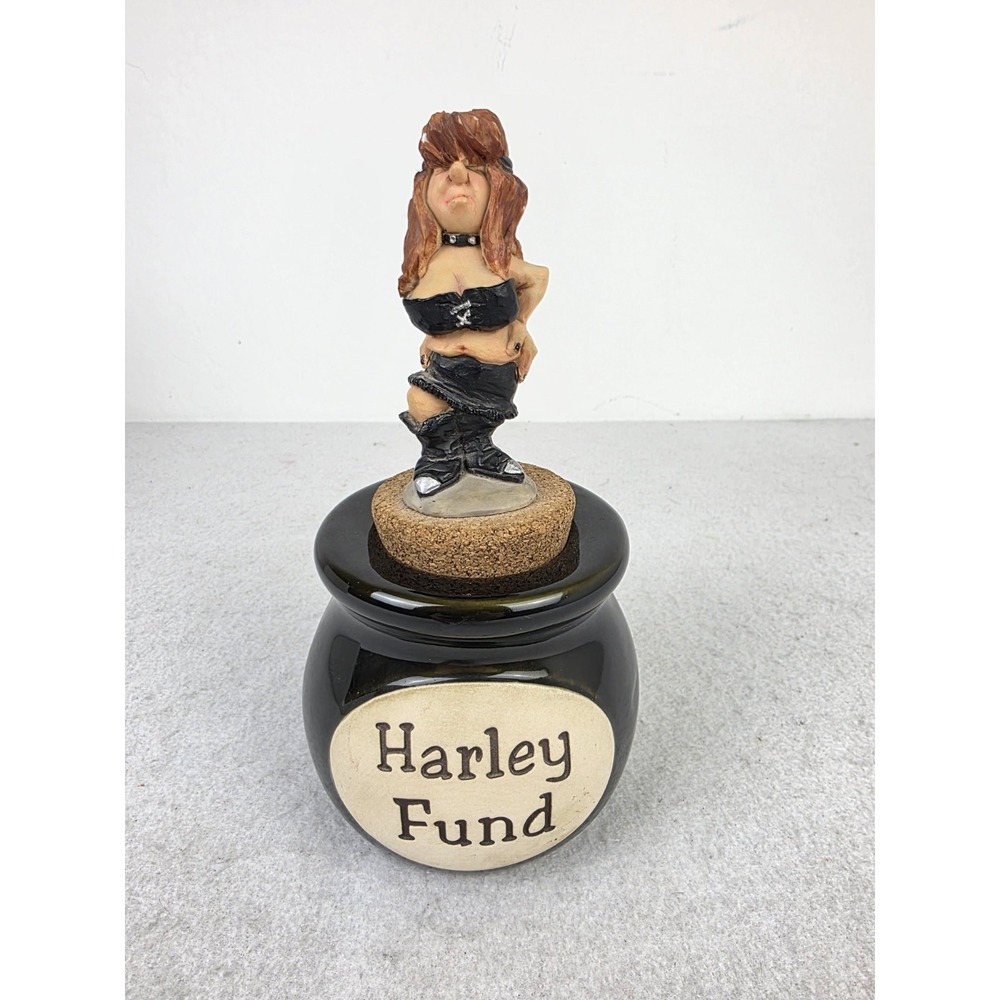 Pottery Ceramic Jar HARLEY FUND Motorcycle Coin Holder with "Old Lady" Cork Top